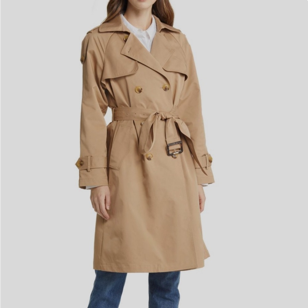 BCBGMAXAZRIA Gun Flap Double Breasted Belted Trench Coat Size M Color Camel